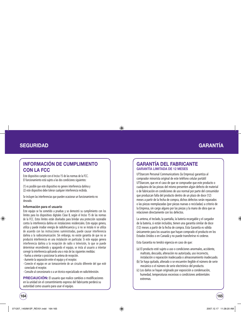 Seguridad garantía, Información de cumplimiento con la fcc, Garantía del fabricante | UTStarcom CDM1450 User Manual | Page 163 / 166