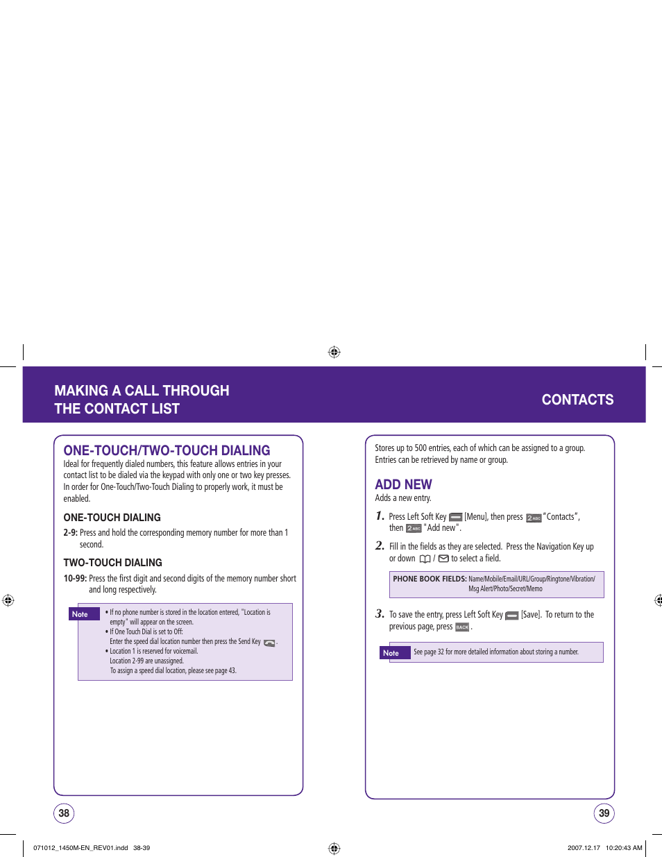 Making a call through the contact list contacts, One-touch/two-touch dialing, Add new | UTStarcom CDM1450 User Manual | Page 20 / 166