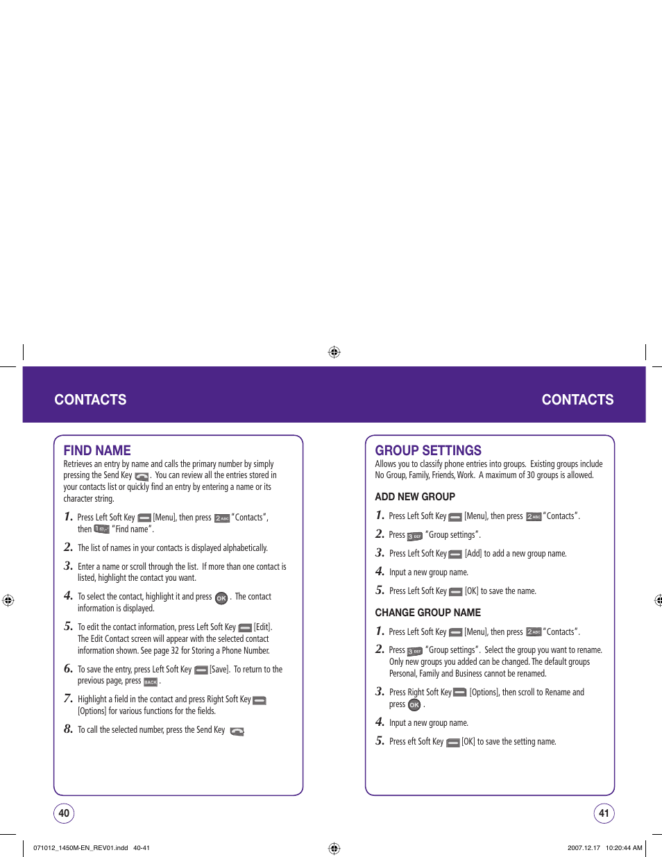 Contacts, Find name, Group settings | UTStarcom CDM1450 User Manual | Page 21 / 166