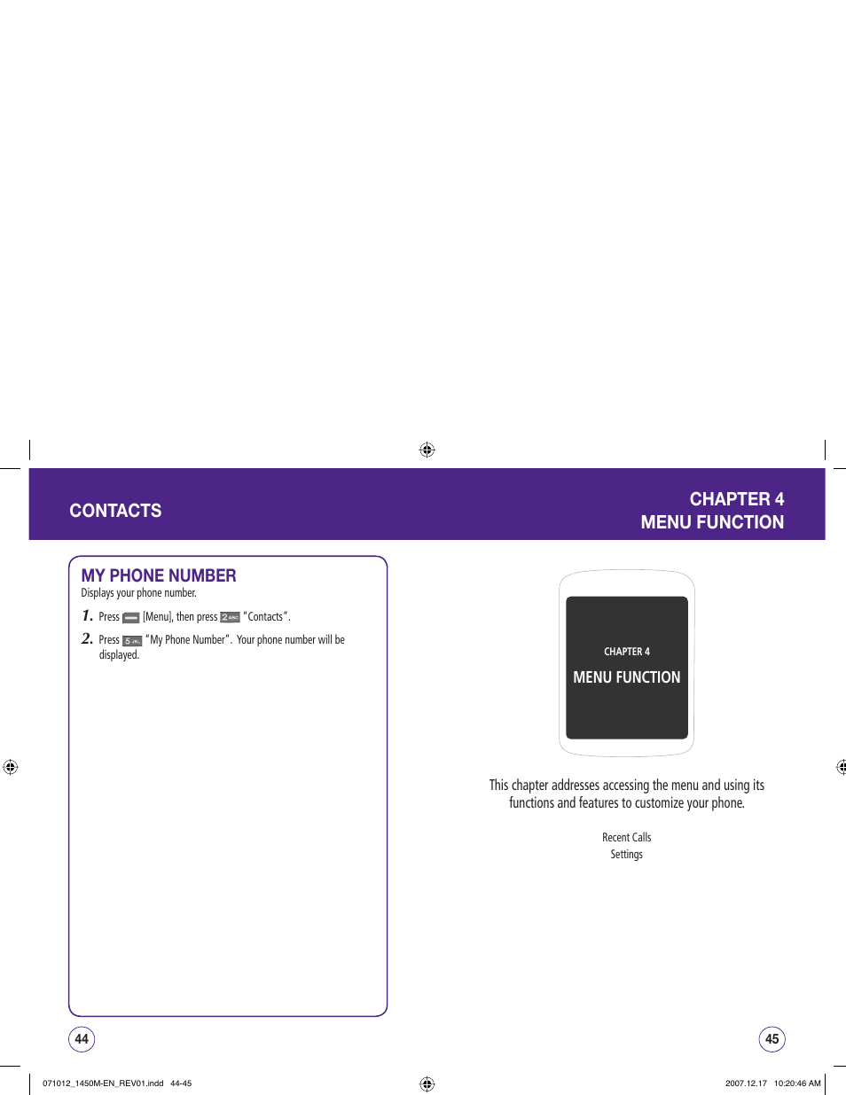 Contacts chapter 4 menu function, My phone number | UTStarcom CDM1450 User Manual | Page 23 / 166