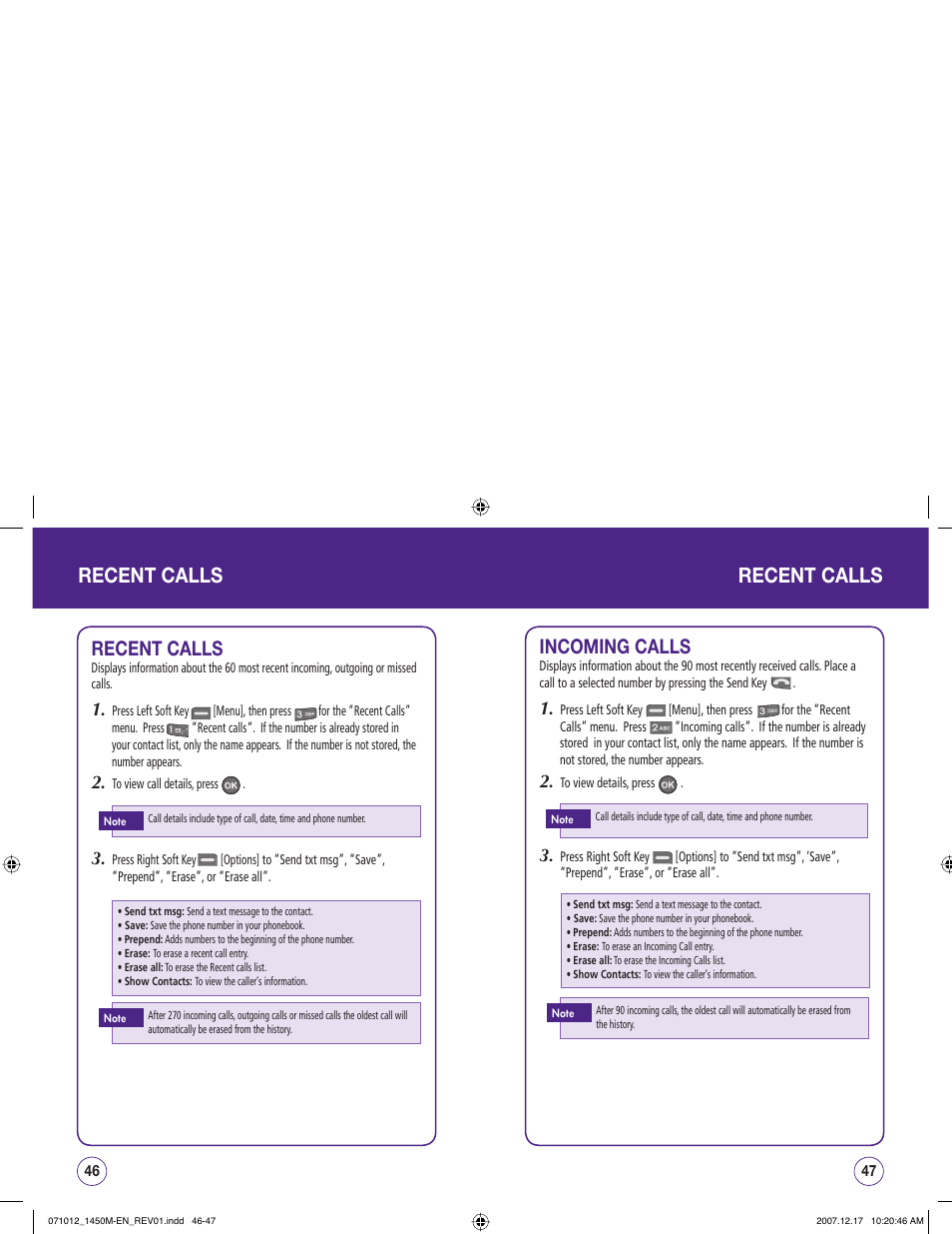 Recent calls, Incoming calls | UTStarcom CDM1450 User Manual | Page 24 / 166