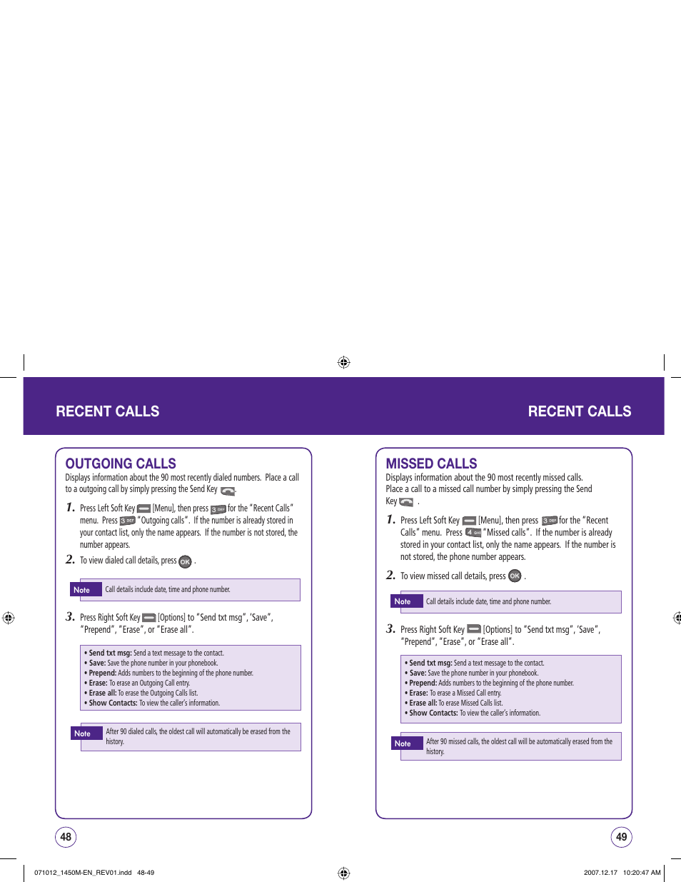 Recent calls, Outgoing calls, Missed calls | UTStarcom CDM1450 User Manual | Page 25 / 166