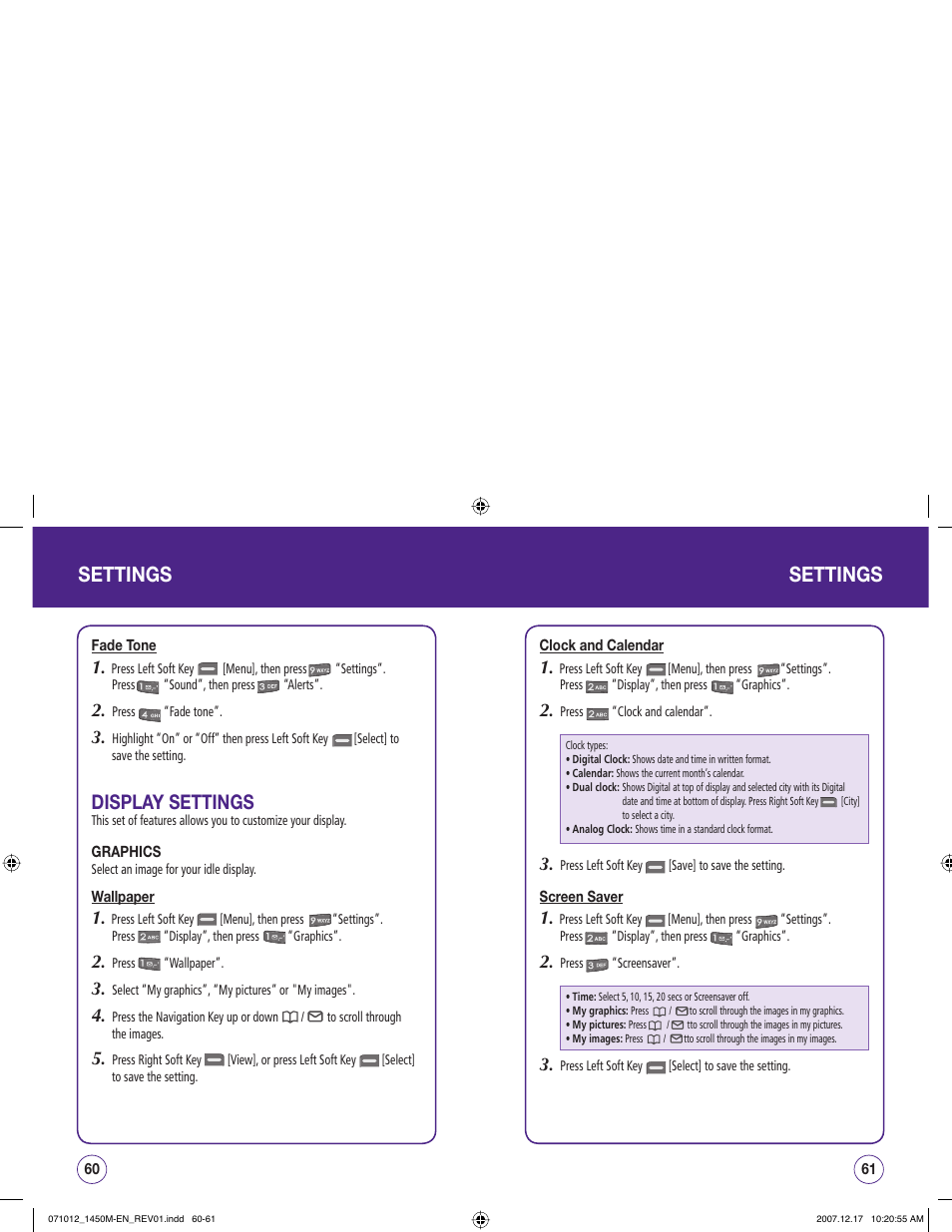 Settings, Display settings | UTStarcom CDM1450 User Manual | Page 31 / 166