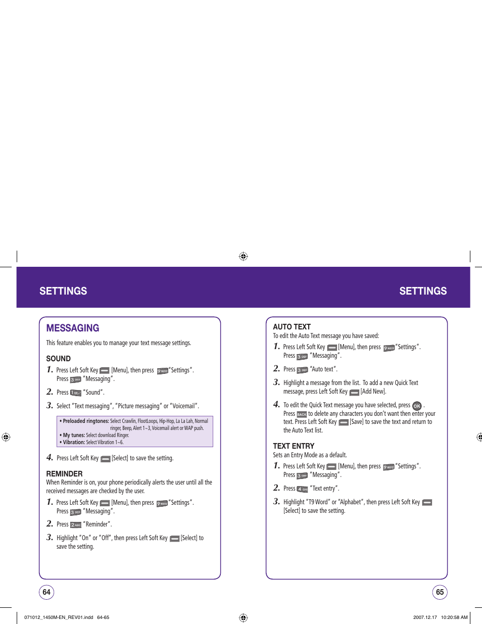 Settings, Messaging | UTStarcom CDM1450 User Manual | Page 33 / 166