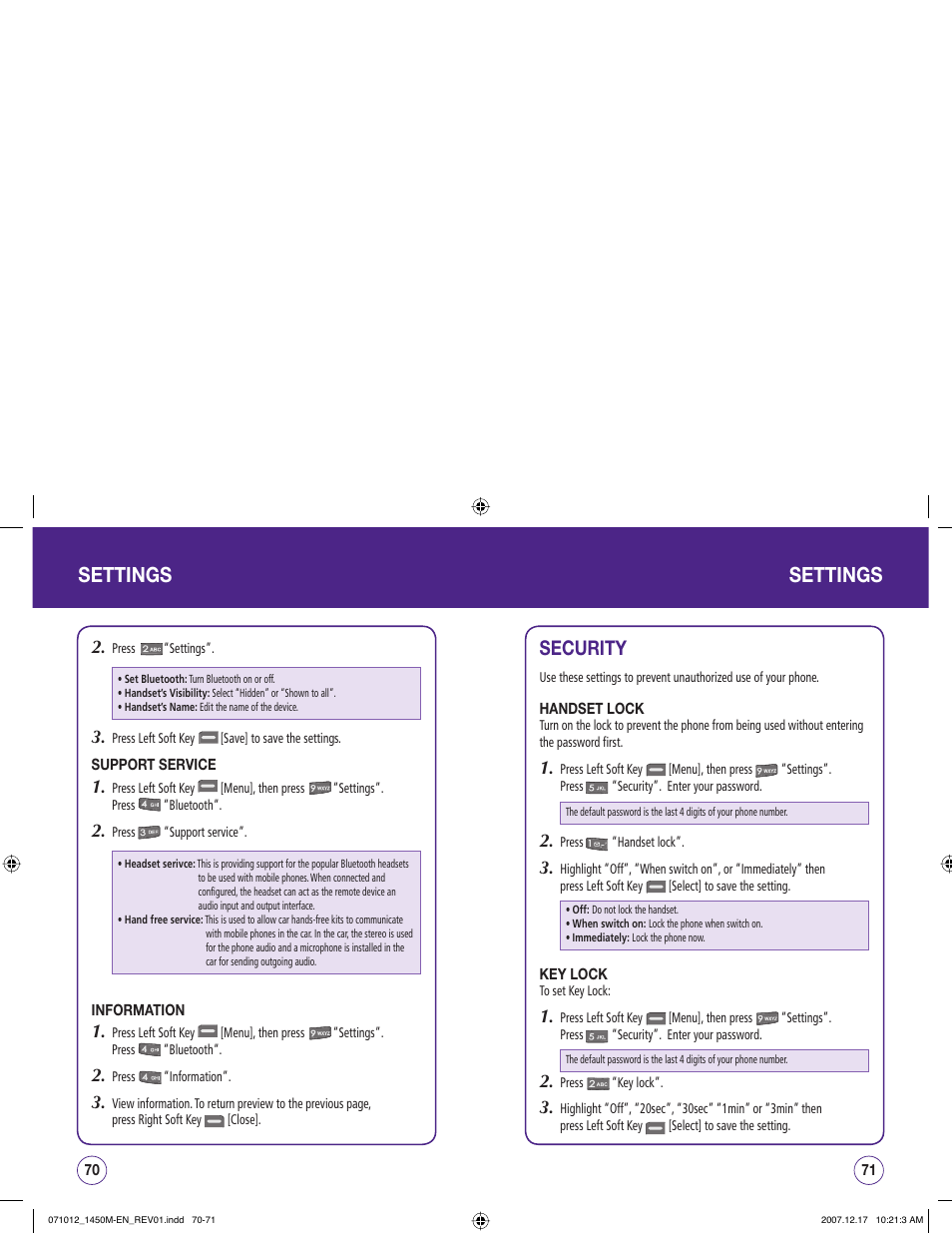 Settings, Security | UTStarcom CDM1450 User Manual | Page 36 / 166