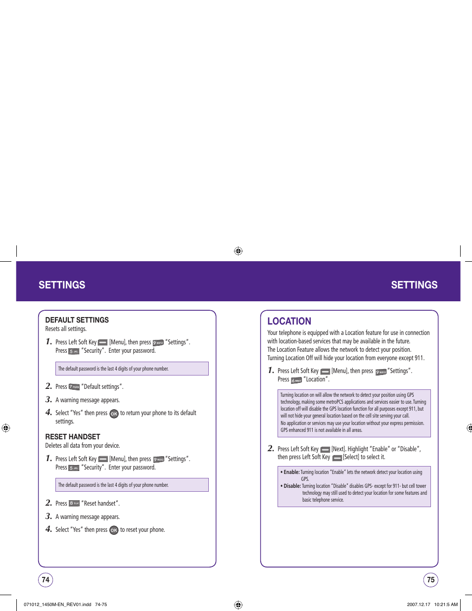 Settings, Location | UTStarcom CDM1450 User Manual | Page 38 / 166