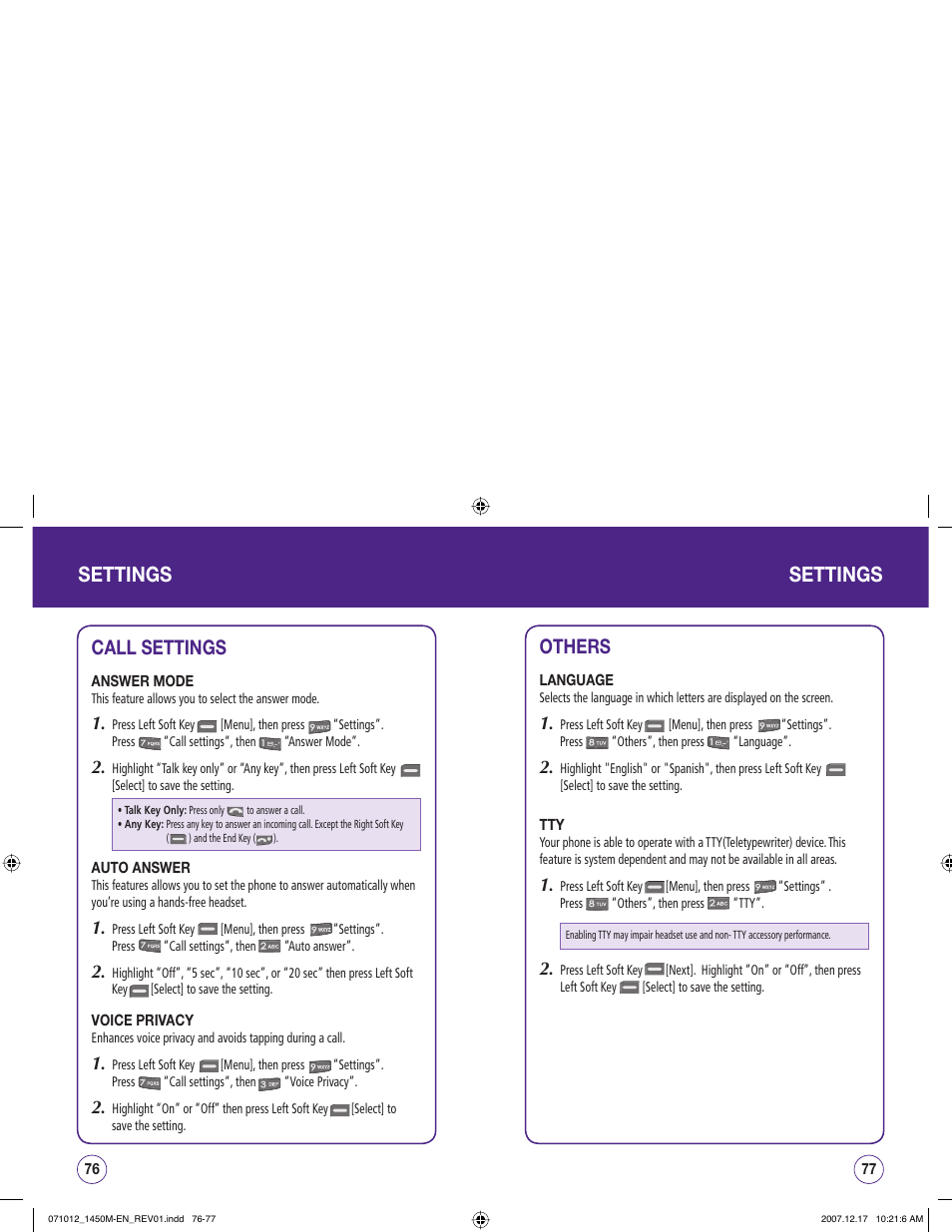 Settings, Call settings, Others | UTStarcom CDM1450 User Manual | Page 39 / 166