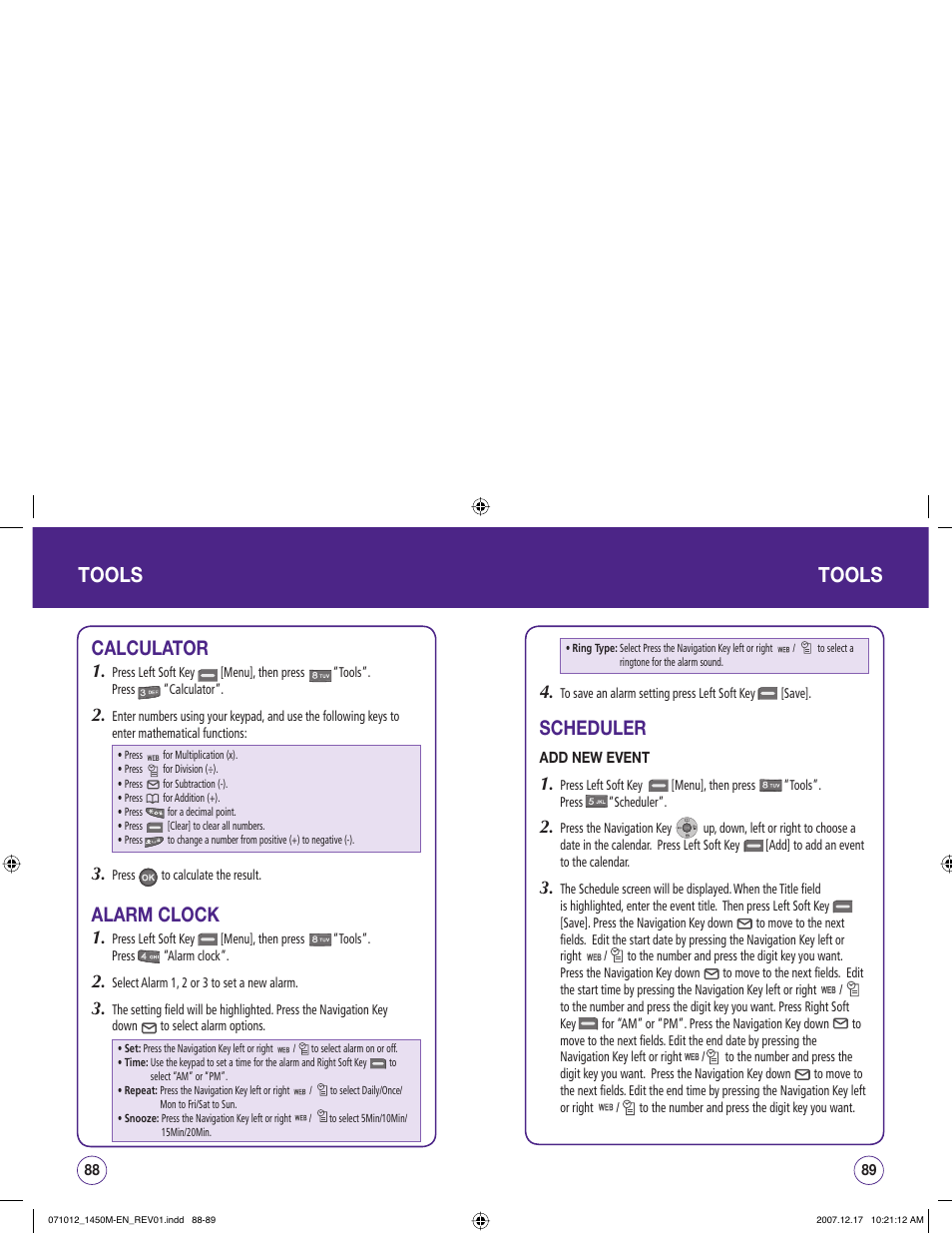 Tools, Calculator, Alarm clock | Scheduler | UTStarcom CDM1450 User Manual | Page 45 / 166