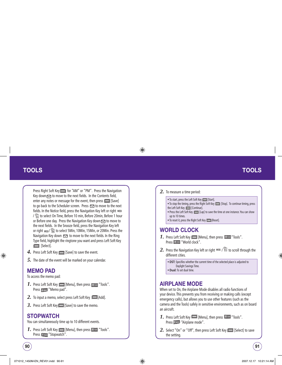 Tools, Stopwatch, World clock | Airplane mode | UTStarcom CDM1450 User Manual | Page 46 / 166