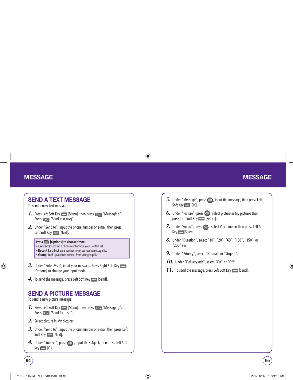 Message, Send a text message, Send a picture message | UTStarcom CDM1450 User Manual | Page 48 / 166