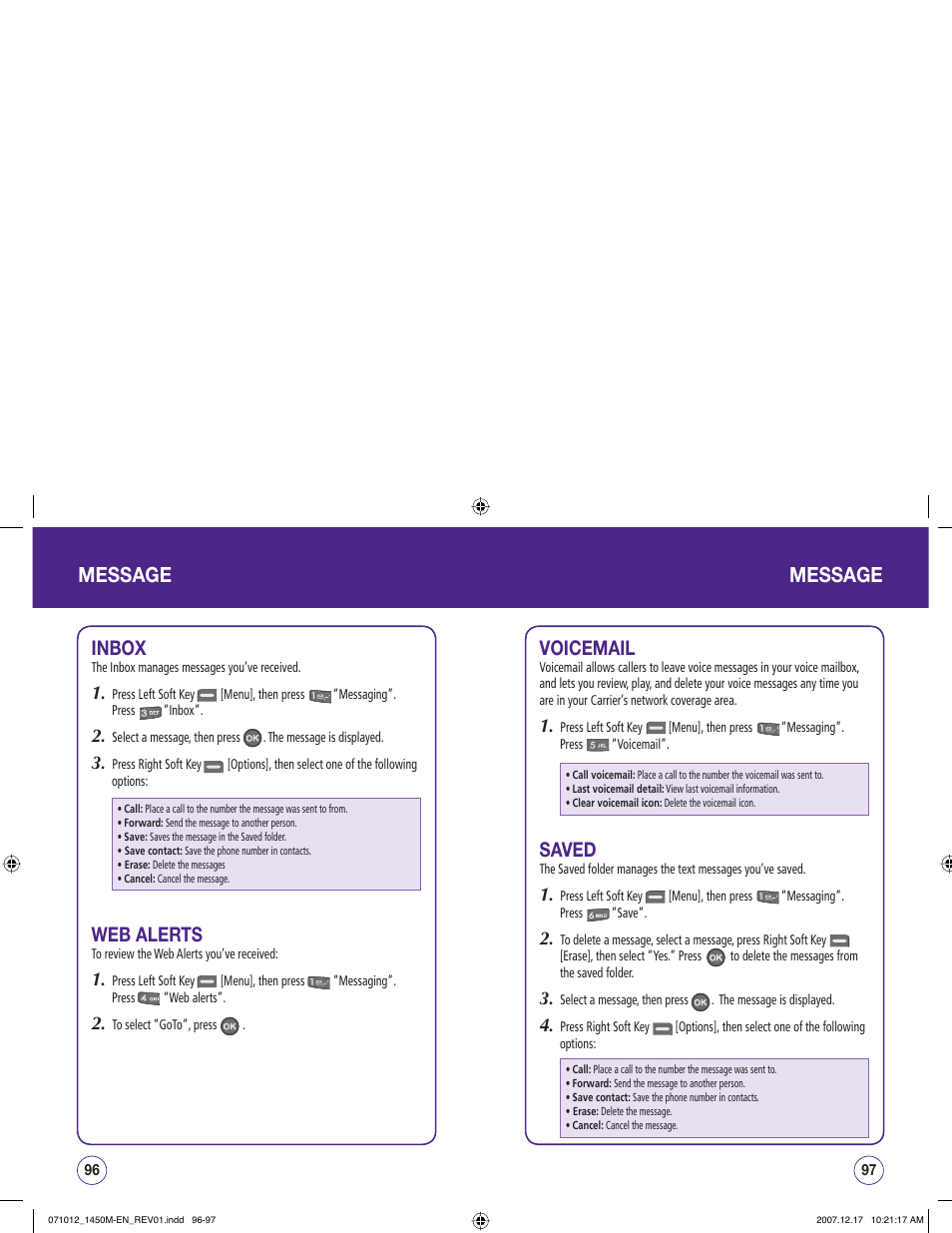 Message, Inbox, Web alerts | Voicemail, Saved | UTStarcom CDM1450 User Manual | Page 49 / 166