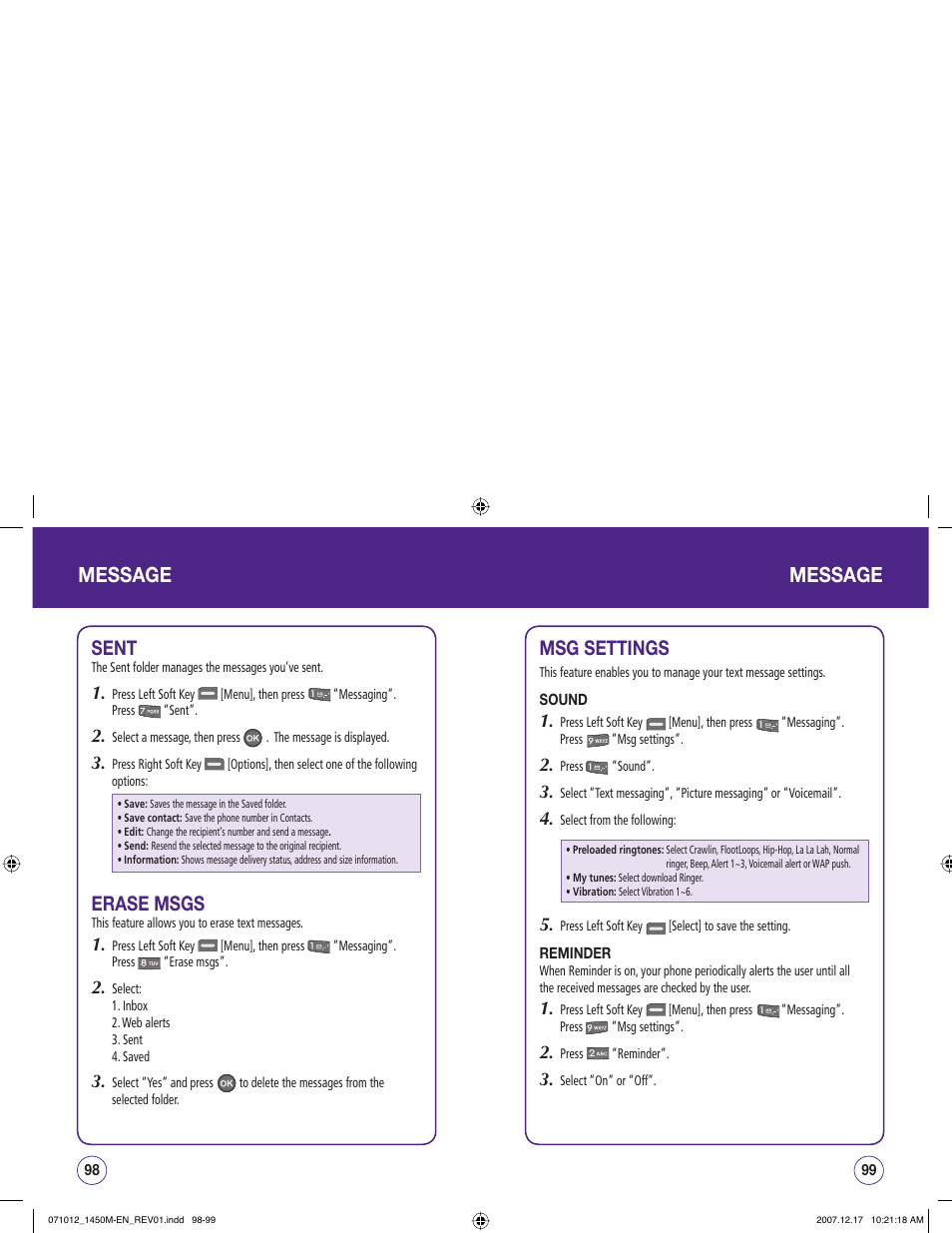 Message, Sent, Erase msgs | Msg settings | UTStarcom CDM1450 User Manual | Page 50 / 166
