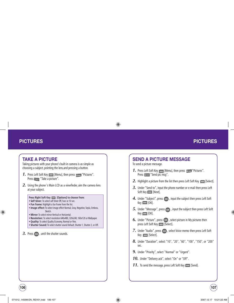 Pictures, Take a picture, Send a picture message | UTStarcom CDM1450 User Manual | Page 54 / 166