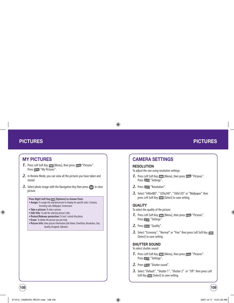 Pictures, My pictures, Camera settings | UTStarcom CDM1450 User Manual | Page 55 / 166