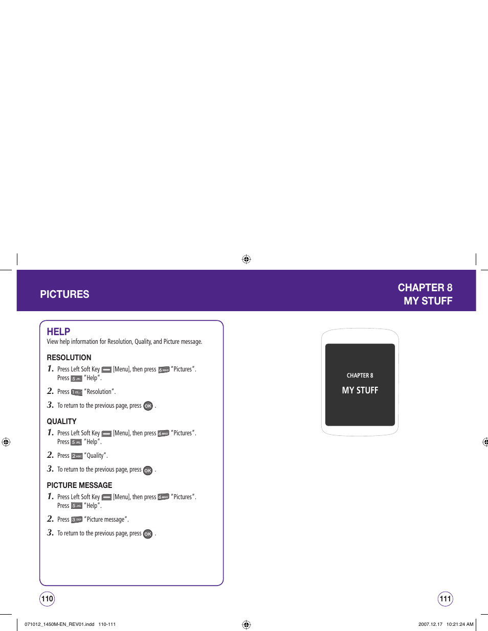 Pictures, Chapter 8 my stuff, Help | UTStarcom CDM1450 User Manual | Page 56 / 166