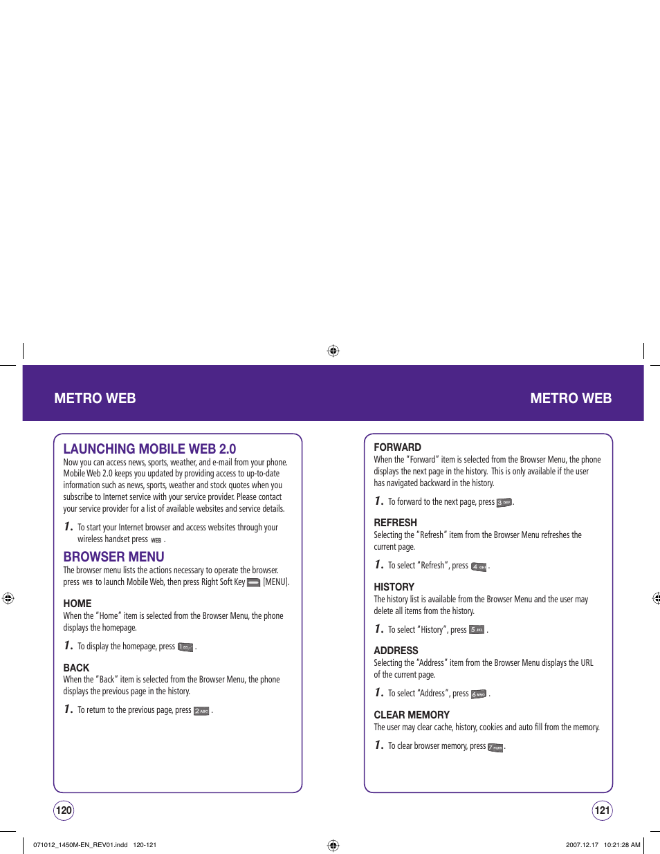 Metro web, Launching mobile web 2.0, Browser menu | UTStarcom CDM1450 User Manual | Page 61 / 166