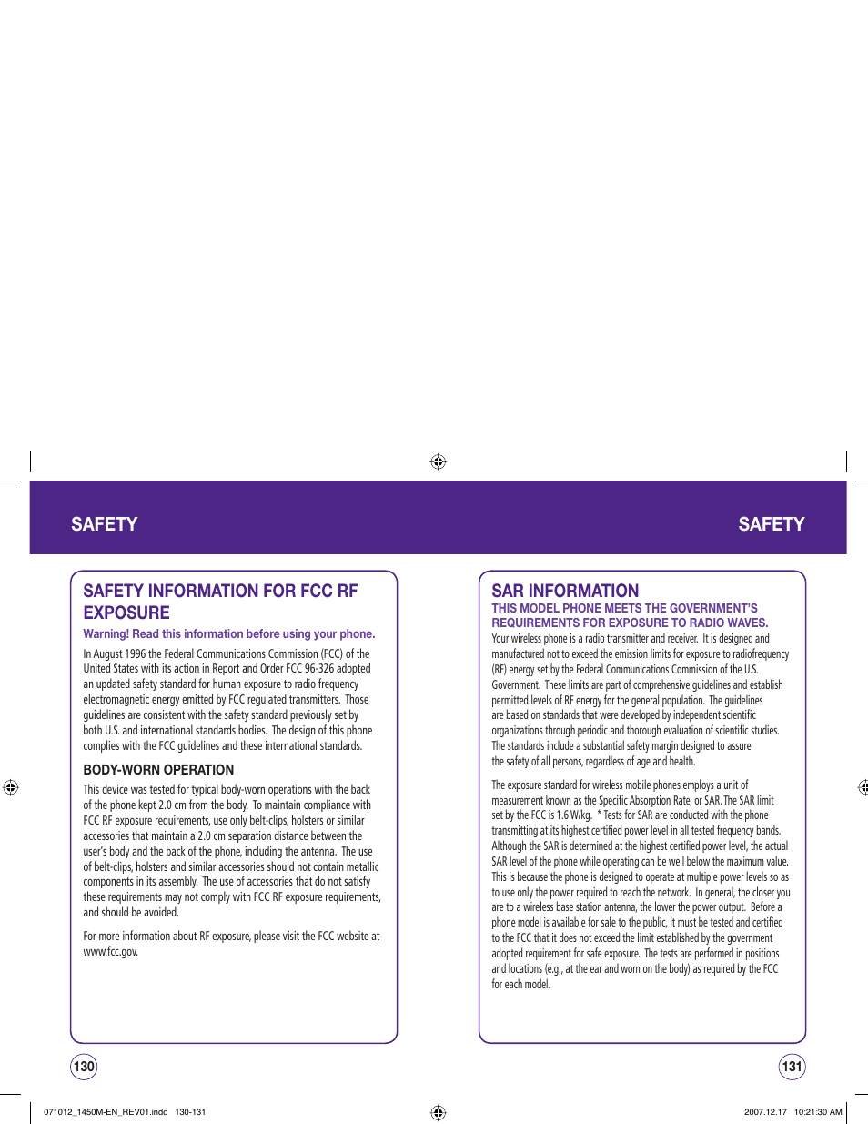 Safety, Sar information, Safety information for fcc rf exposure | UTStarcom CDM1450 User Manual | Page 66 / 166