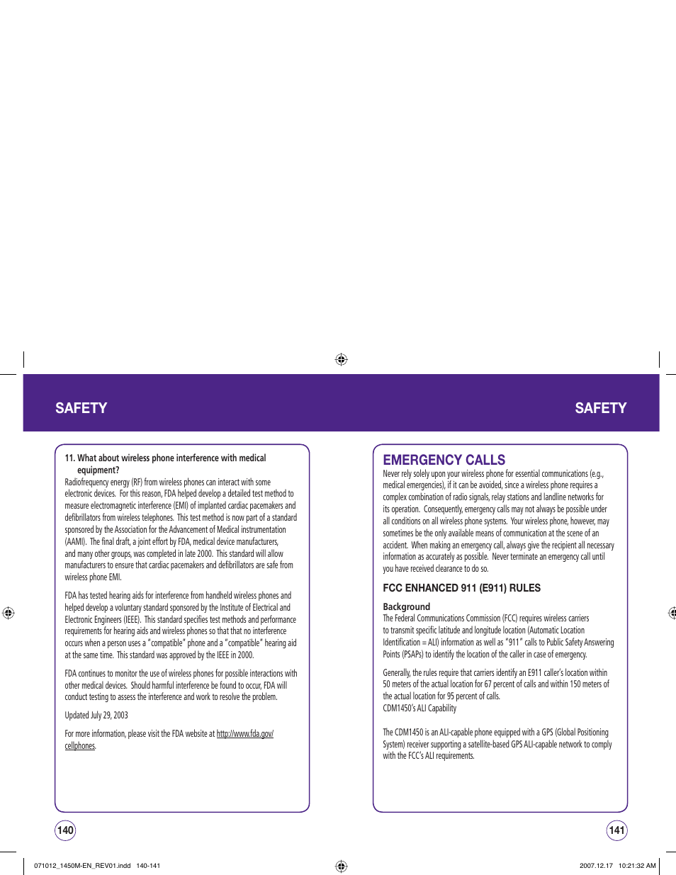 Safety, Emergency calls | UTStarcom CDM1450 User Manual | Page 71 / 166