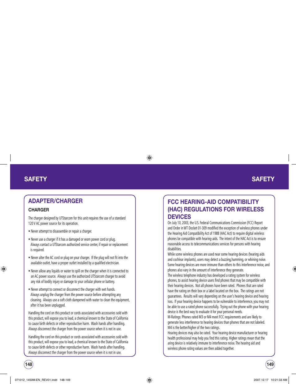 Safety, Adapter/charger | UTStarcom CDM1450 User Manual | Page 75 / 166