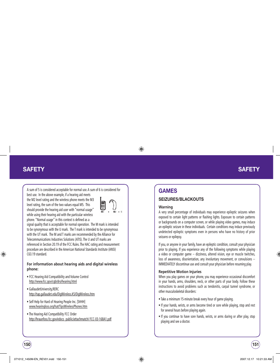 Safety, Games | UTStarcom CDM1450 User Manual | Page 76 / 166