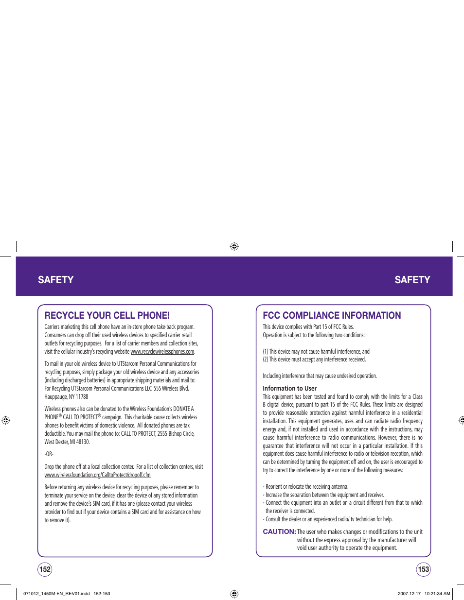 Safety, Recycle your cell phone, Fcc compliance information | UTStarcom CDM1450 User Manual | Page 77 / 166