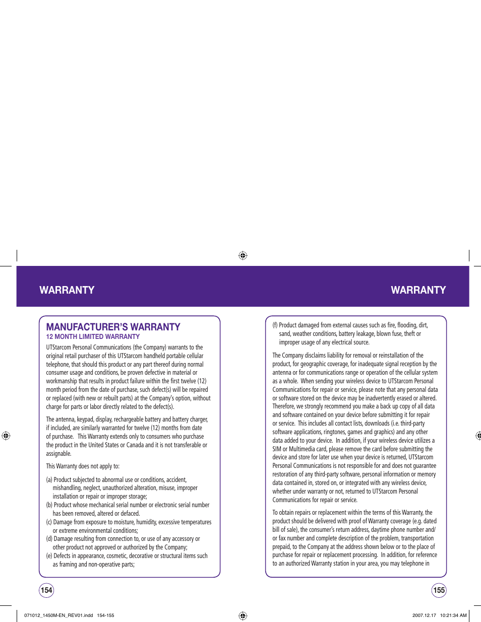 Warranty, Manufacturer’s warranty | UTStarcom CDM1450 User Manual | Page 78 / 166