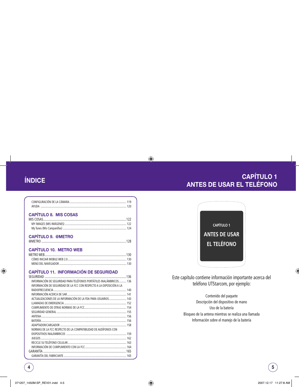 Índice capítulo 1 antes de usar el teléfono, Antes de usar el teléfono | UTStarcom CDM1450 User Manual | Page 83 / 166