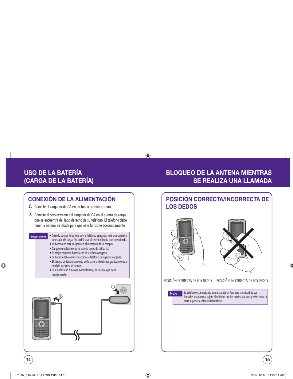 Posición correcta/incorrecta de los dedos, Conexión de la alimentación | UTStarcom CDM1450 User Manual | Page 88 / 166