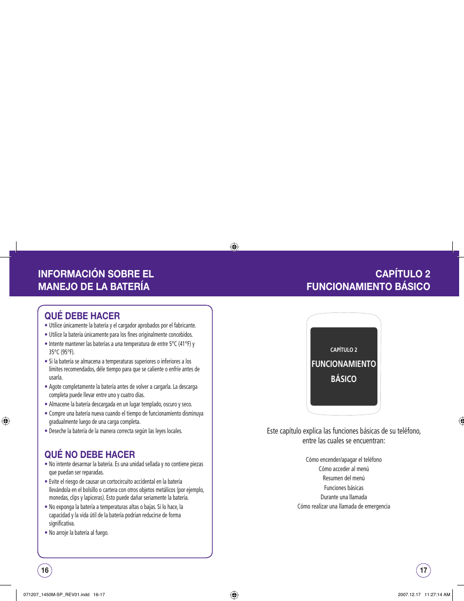 Qué debe hacer, Qué no debe hacer, Funcionamiento básico | UTStarcom CDM1450 User Manual | Page 89 / 166