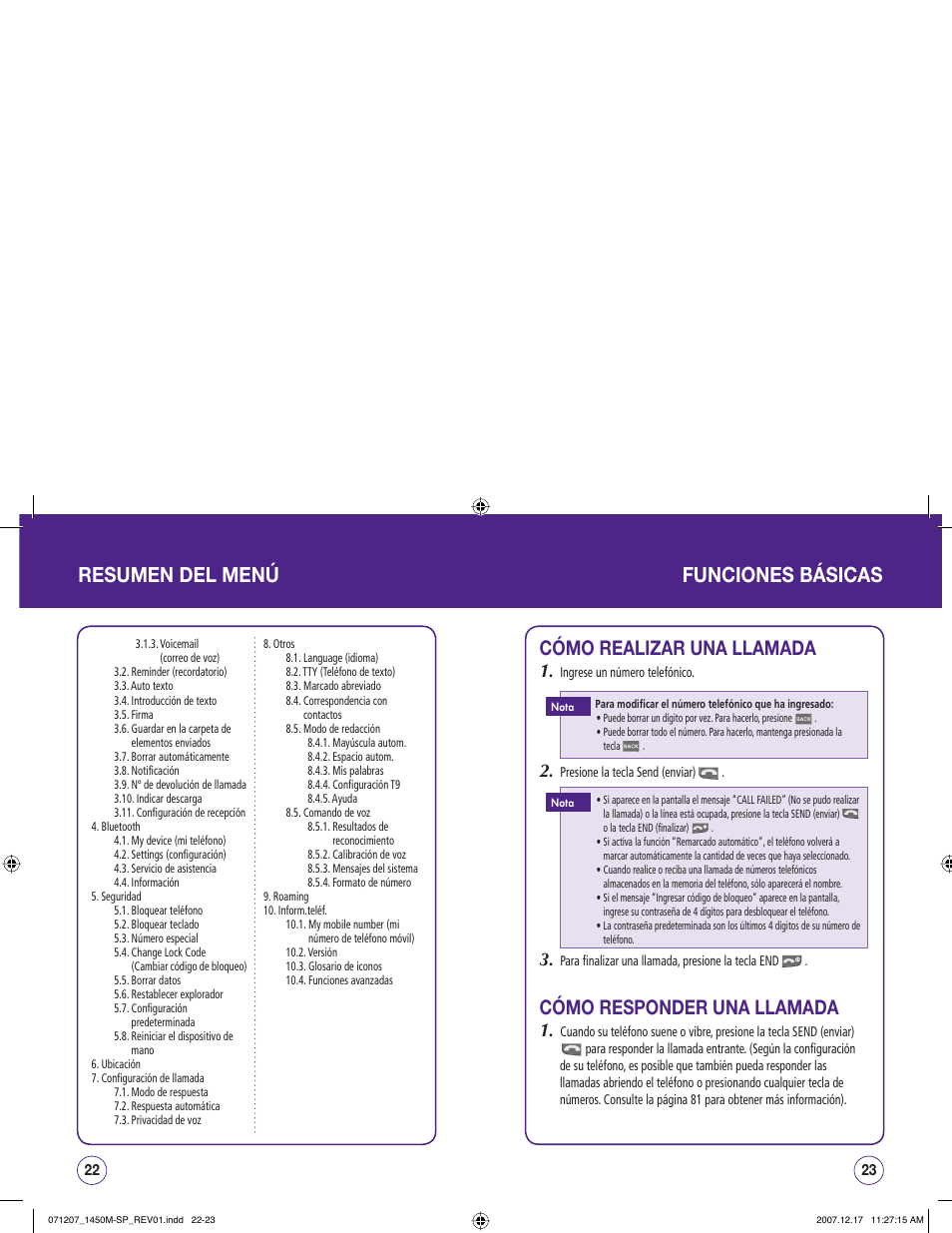 Resumen del menú, Funciones básicas, Cómo realizar una llamada | Cómo responder una llamada | UTStarcom CDM1450 User Manual | Page 92 / 166
