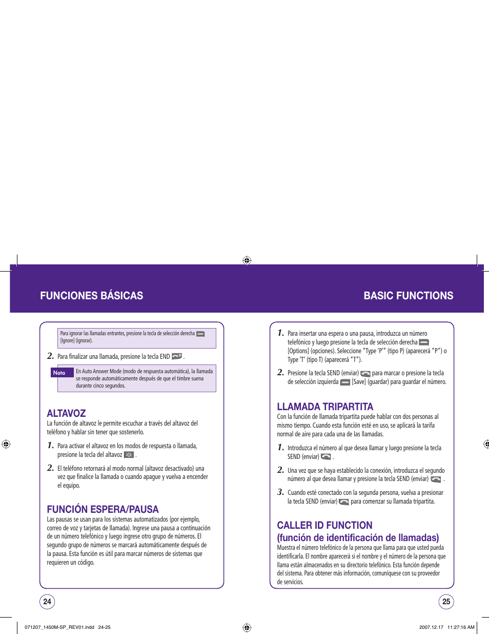 Funciones básicas basic functions, Altavoz, Función espera/pausa | Llamada tripartita | UTStarcom CDM1450 User Manual | Page 93 / 166