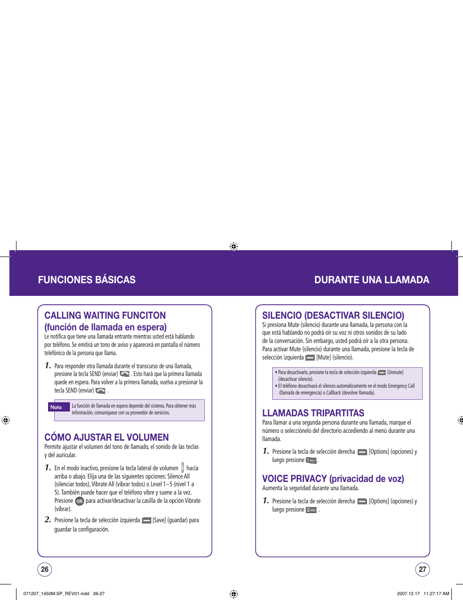 Funciones básicas durante una llamada, Cómo ajustar el volumen, Silencio (desactivar silencio) | Llamadas tripartitas, Voice privacy (privacidad de voz) | UTStarcom CDM1450 User Manual | Page 94 / 166