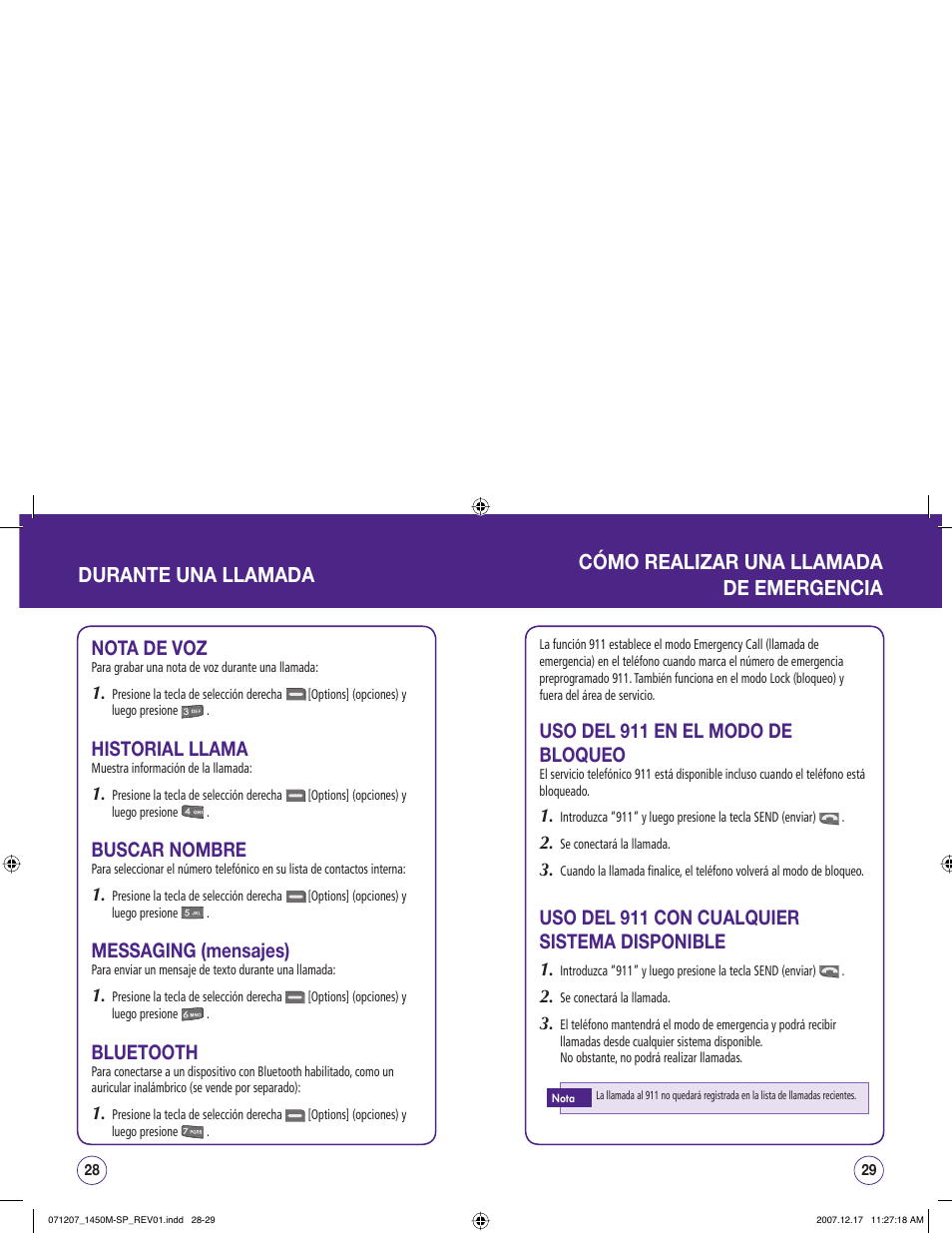 Nota de voz, Historial llama, Buscar nombre | Messaging (mensajes), Bluetooth, Uso del 911 en el modo de bloqueo, Uso del 911 con cualquier sistema disponible | UTStarcom CDM1450 User Manual | Page 95 / 166