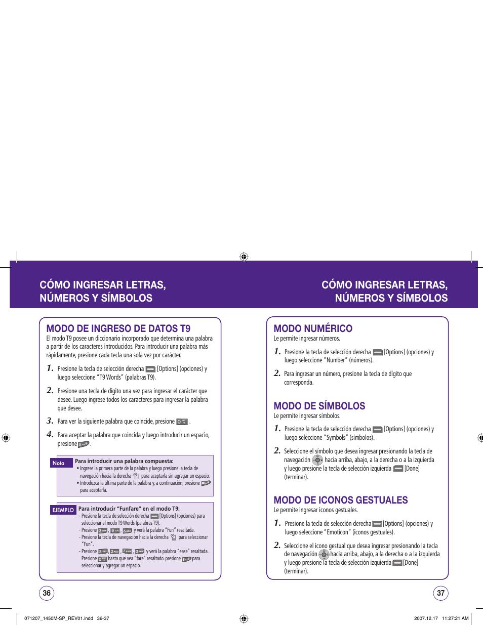 Modo numérico, Modo de símbolos, Modo de iconos gestuales | Modo de ingreso de datos t9 | UTStarcom CDM1450 User Manual | Page 99 / 166