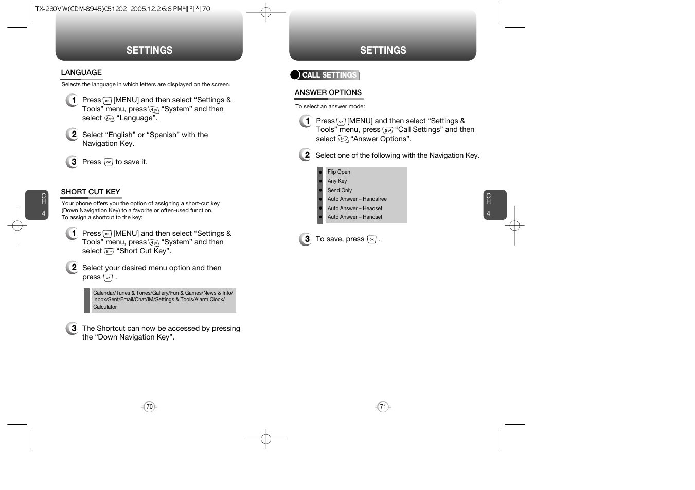 Settings | UTStarcom CDM8945 User Manual | Page 36 / 75