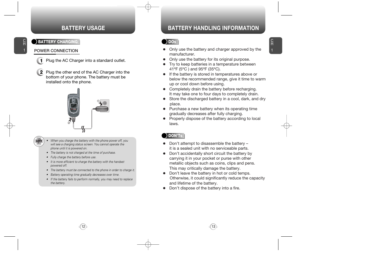 Battery usage battery handling information | UTStarcom CDM8945 User Manual | Page 7 / 75