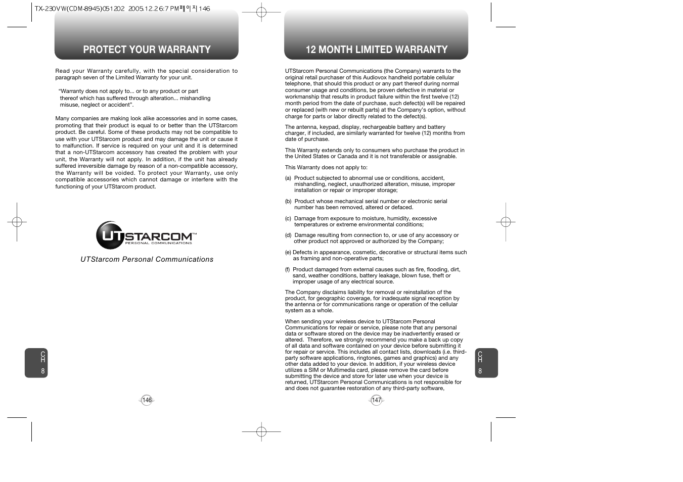 Protect your warranty, 12 month limited warranty | UTStarcom CDM8945 User Manual | Page 74 / 75