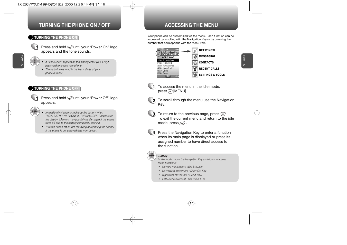 Accessing the menu, Turning the phone on / off | UTStarcom CDM8945 User Manual | Page 9 / 75