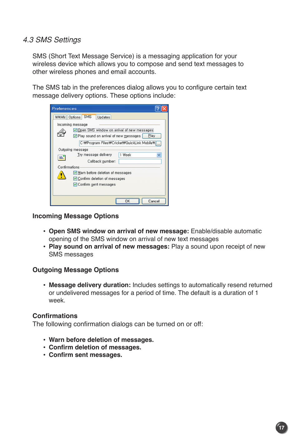3 sms settings | UTStarcom UM100C User Manual | Page 19 / 38