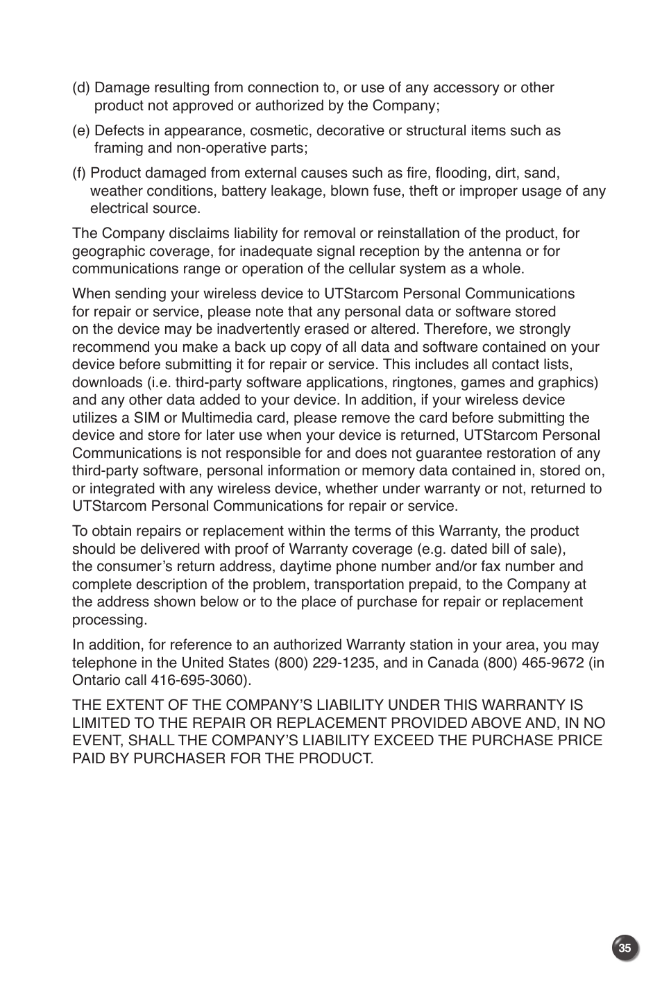 UTStarcom UM100C User Manual | Page 37 / 38