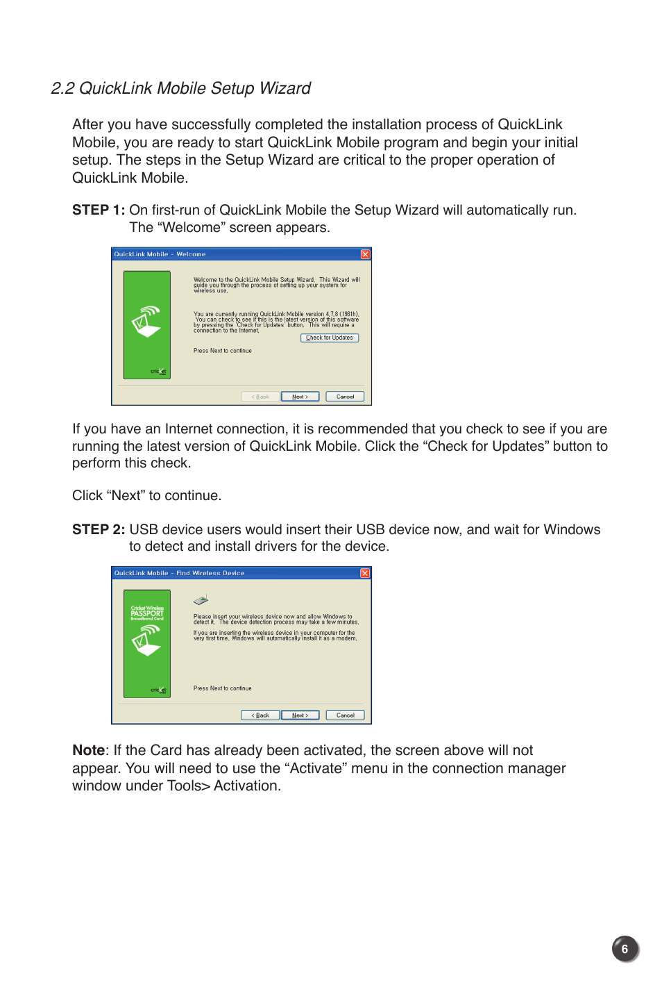 2 quicklink mobile setup wizard | UTStarcom UM100C User Manual | Page 8 / 38