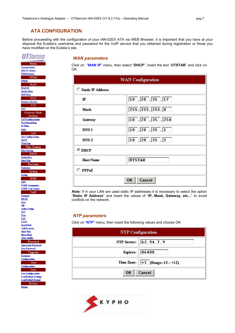 Ata configuration wan parameters ntp parameters | UTStarcom IAN-02EX User Manual | Page 7 / 12