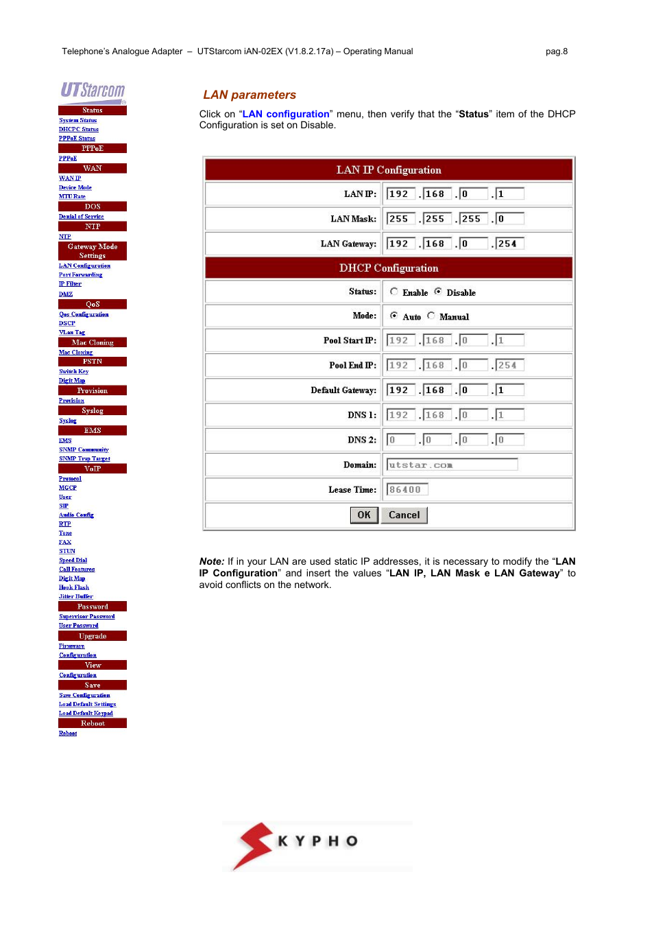 Lan parameters | UTStarcom IAN-02EX User Manual | Page 8 / 12