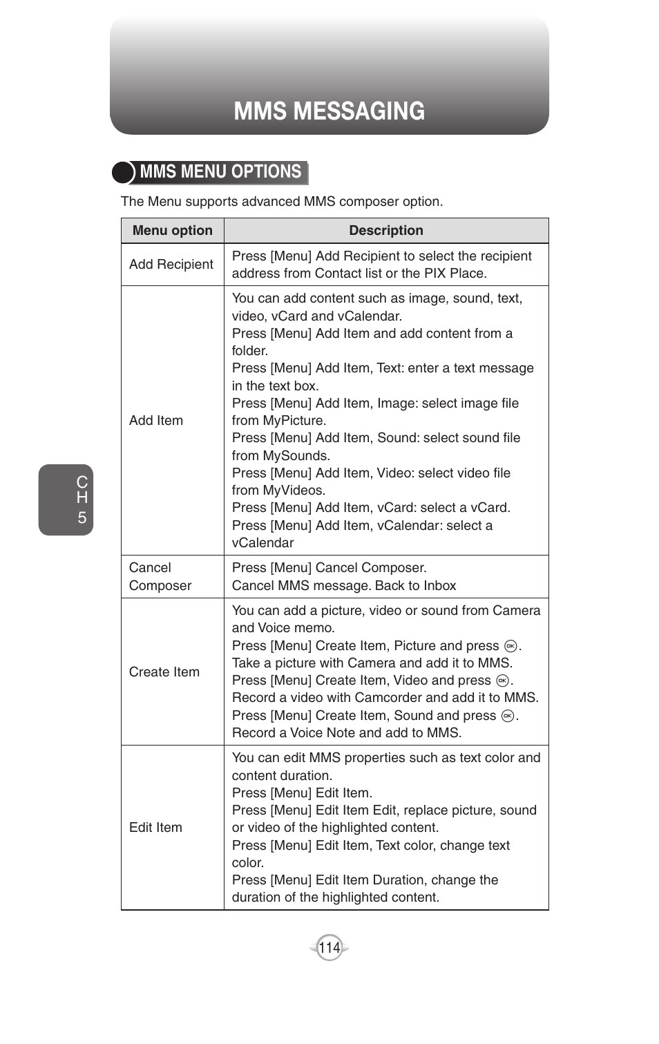 Mms messaging, Mms menu options | UTStarcom PN-820 User Manual | Page 116 / 282