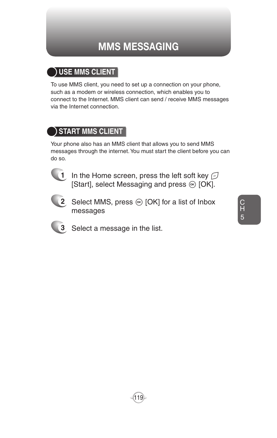 Mms messaging, Use mms client, Start mms client | Mms settings | UTStarcom PN-820 User Manual | Page 121 / 282