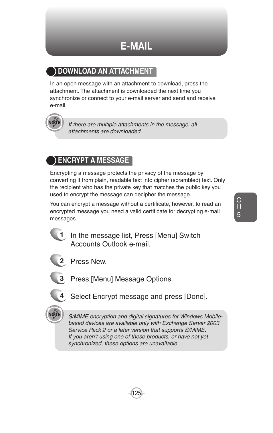 E-mail, Download an attachment, Encrypt a message | UTStarcom PN-820 User Manual | Page 127 / 282