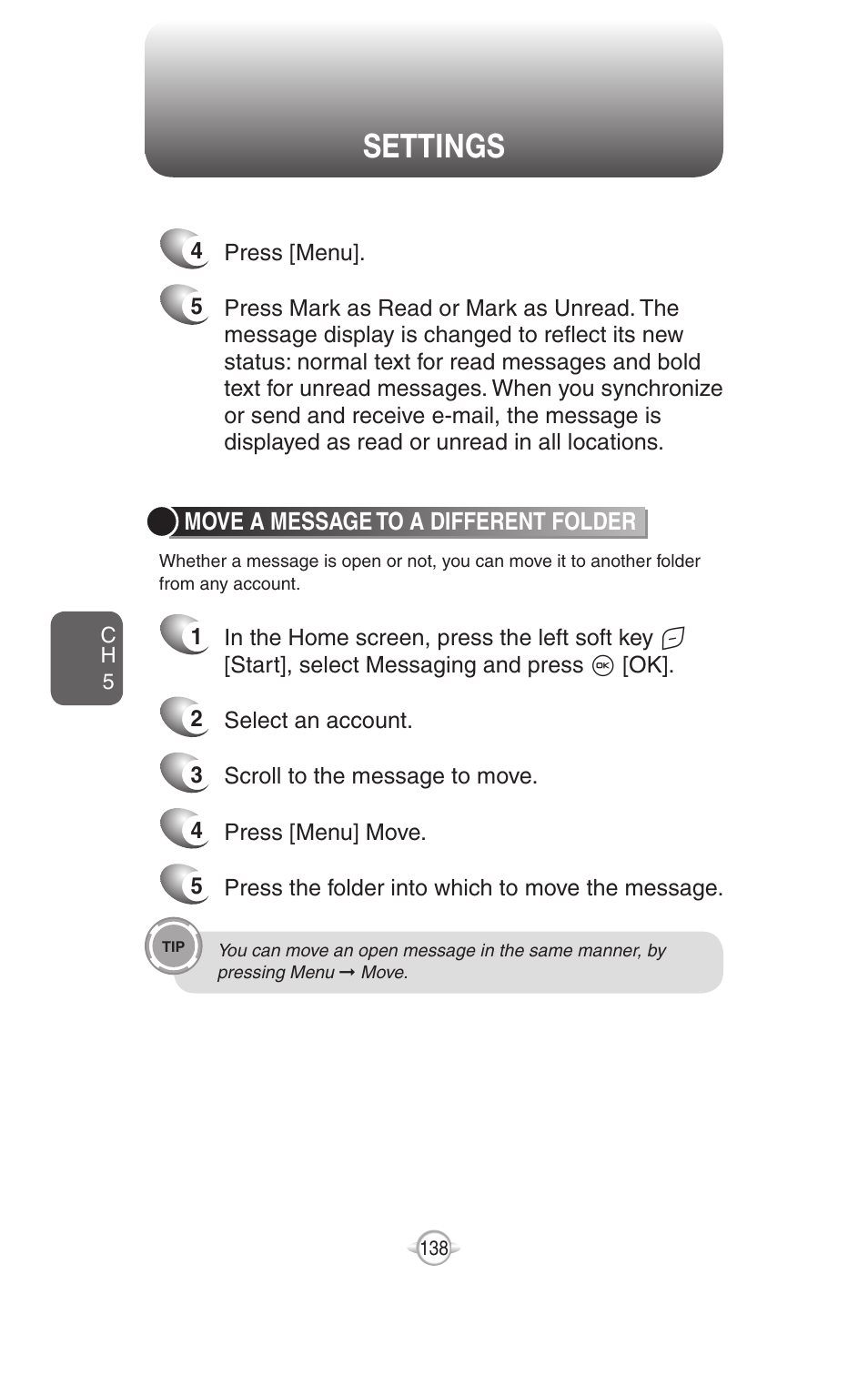 Settings, Open a message, Quickly move between accounts | Move a message to a different folder | UTStarcom PN-820 User Manual | Page 140 / 282