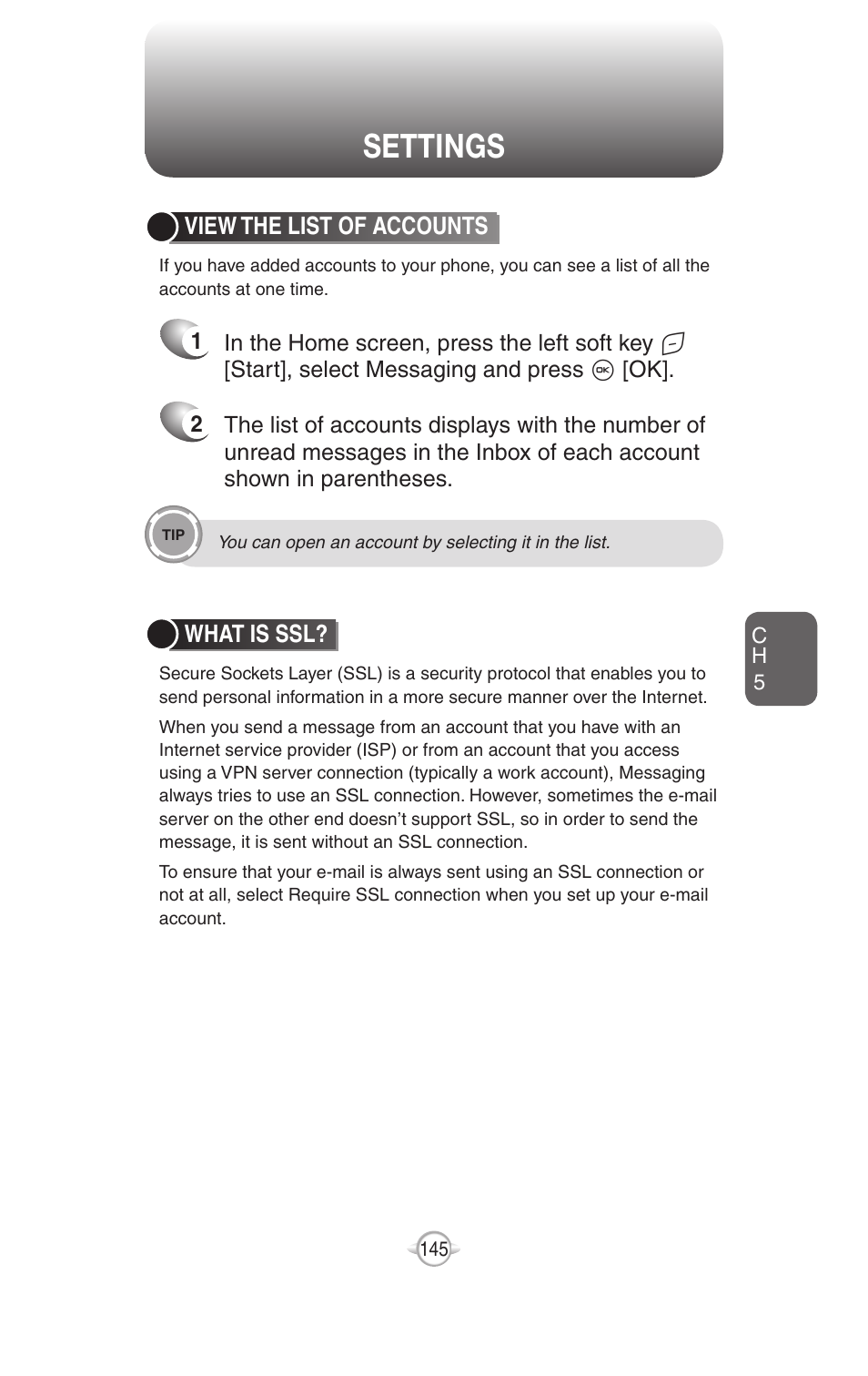 Settings, View the list of accounts, What is ssl | UTStarcom PN-820 User Manual | Page 147 / 282