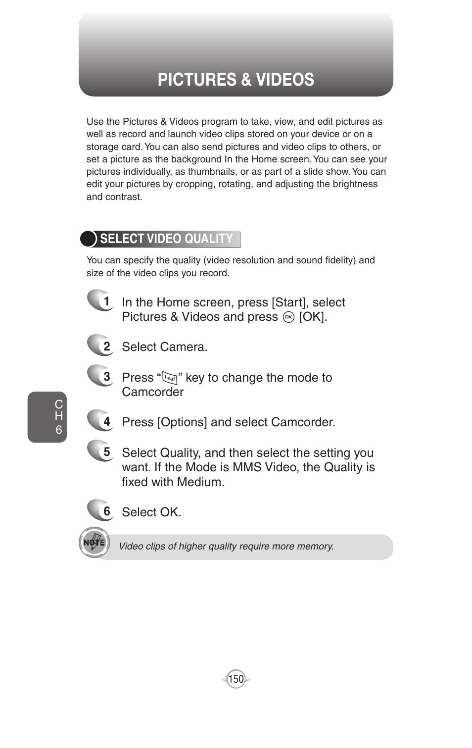 Pictures & videos, Copy an image to your phone, Select video quality | UTStarcom PN-820 User Manual | Page 152 / 282