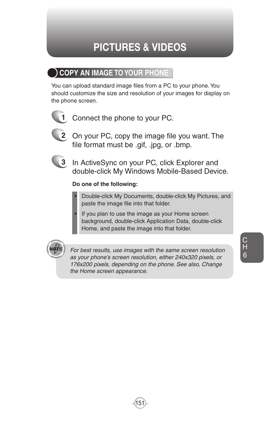 Pictures & videos, Copy an image to your phone | UTStarcom PN-820 User Manual | Page 153 / 282